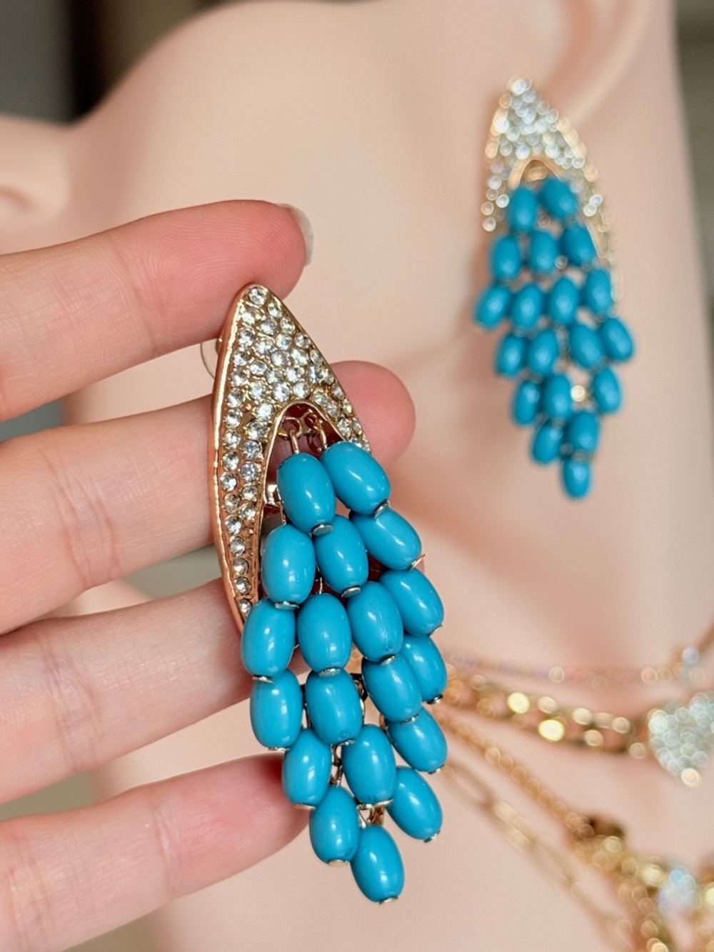 Gold-Tone Turquoise Cluster Drop Earrings - Picture 9 of 13